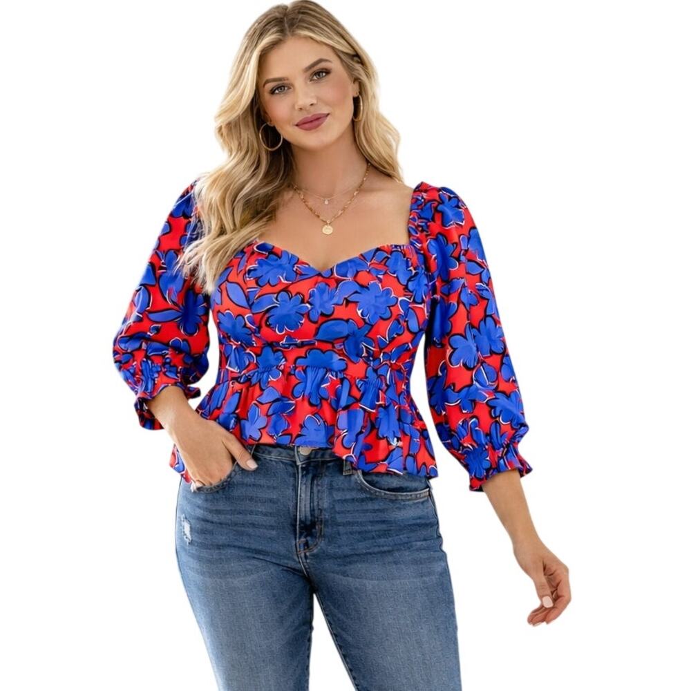 Eloquii Peplum Floral Blouse Top Plus 22 Blue Red Sweetheart Neck Cottage